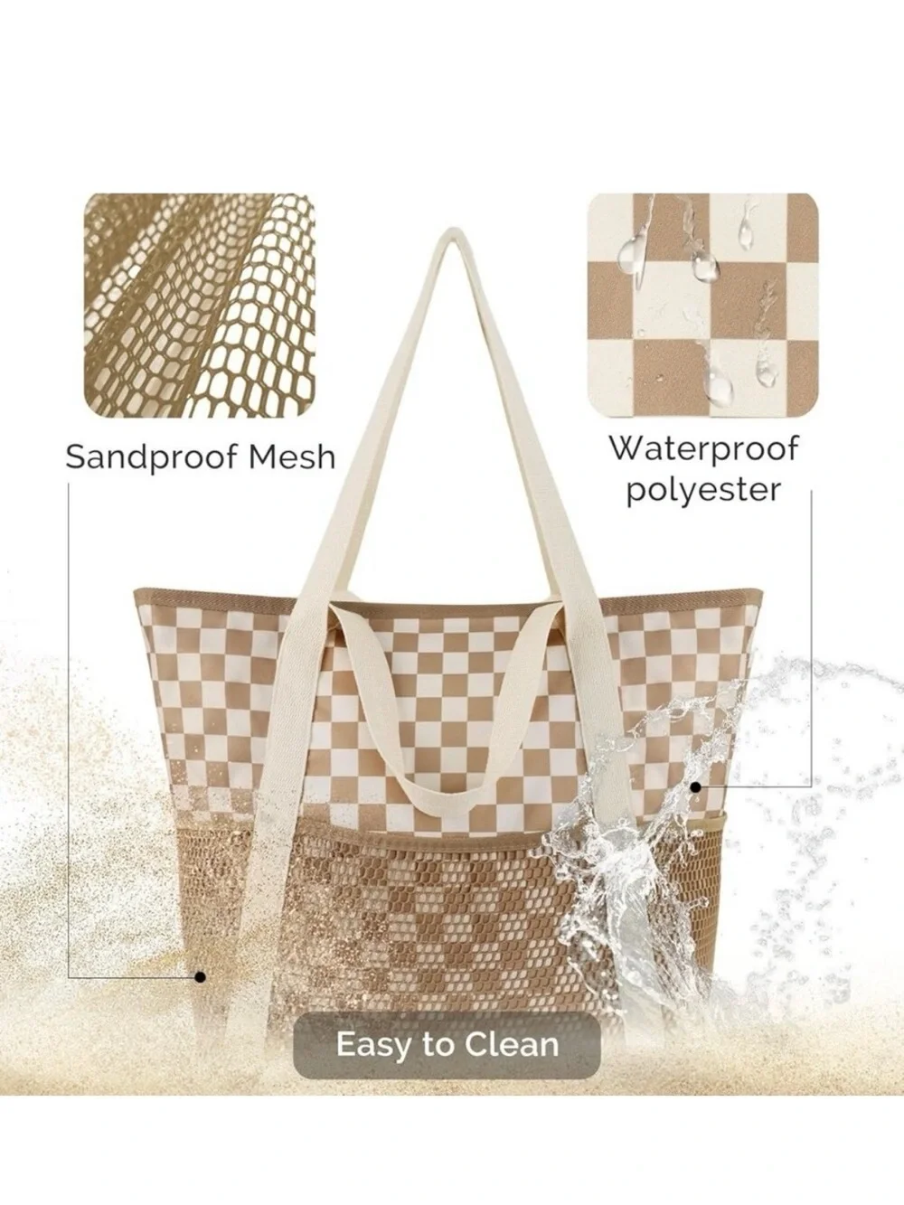 Beige & Cream Checkered Beach Waterproof Tote Bag with Mesh Pocket Zipper NWOT